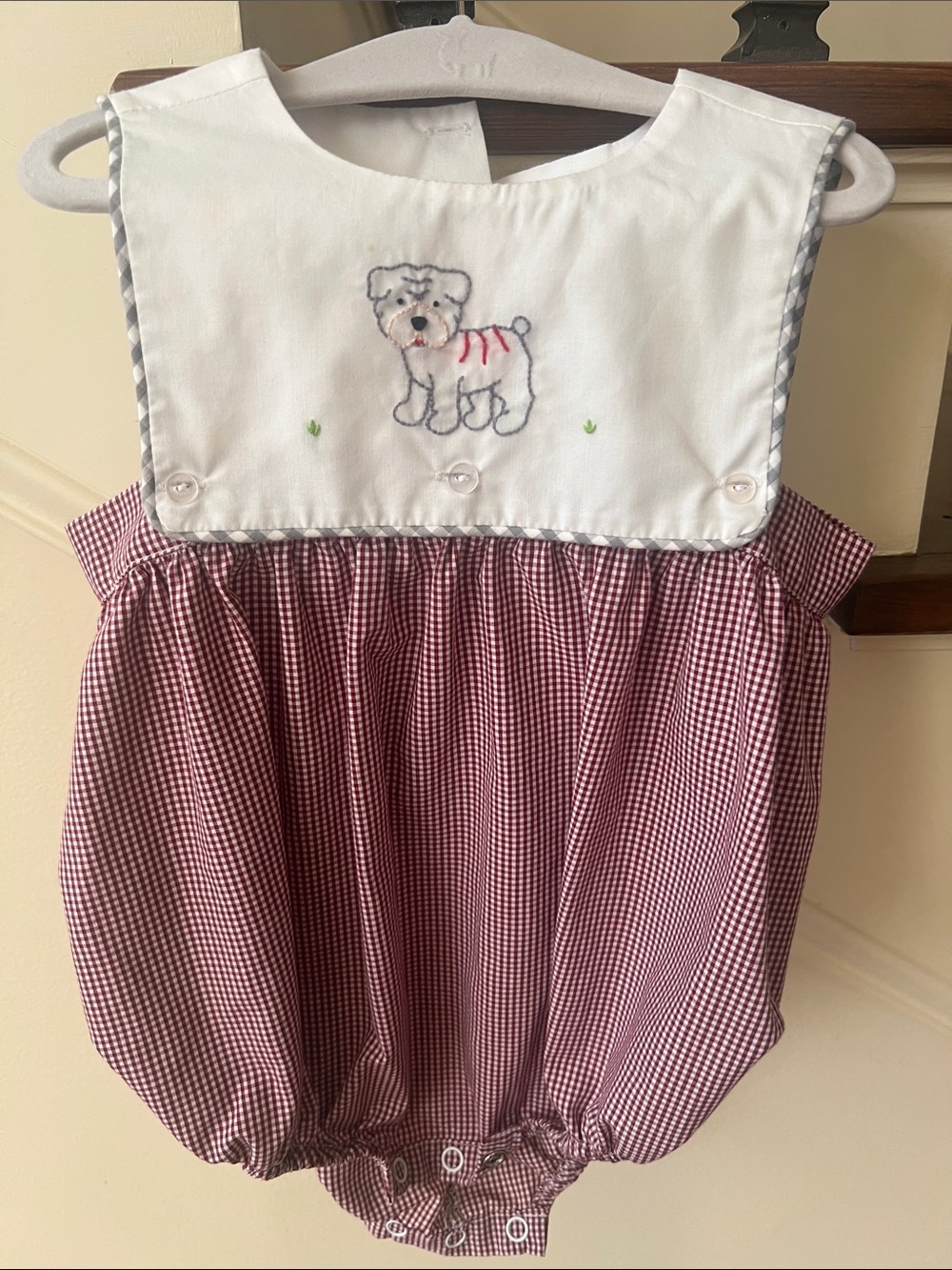 Embroidered Bulldog Bubble Romper - White & Burgundy Gingham for Boy